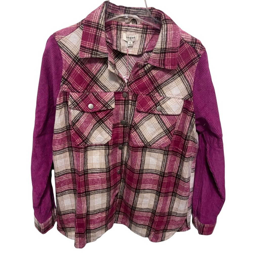 Umgee Vibrant Pink Plaid Snap Closure Top with Fringe Back – Statement Piece